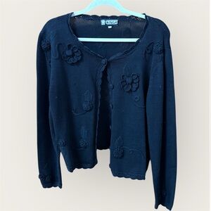 Vintage Chompas Black button cardigan with 3D floral appliqués scalloped hem